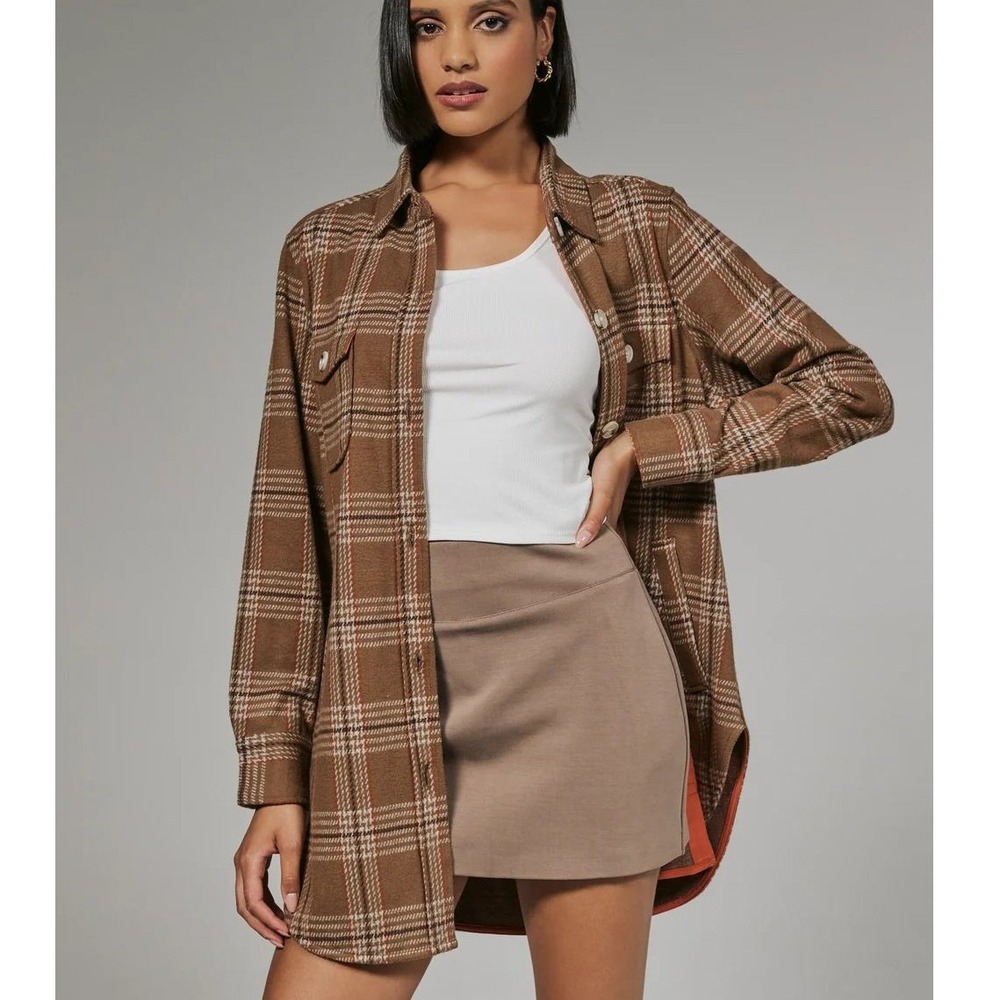 7 Diamonds Generation Plaid Soft Knit Shirt Jacket Womens XL Brown WGO-9088